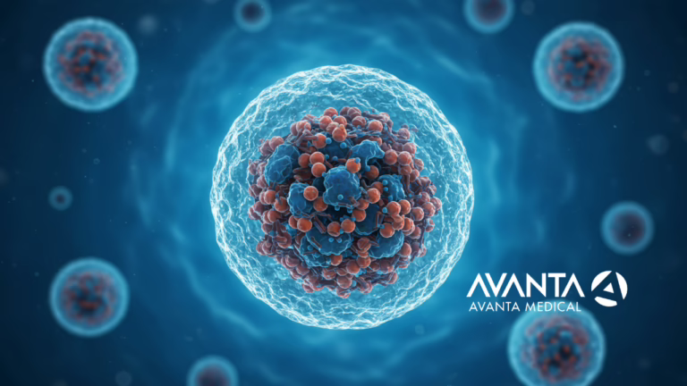 Magnified view of an exosome in blue and red hues, representing cutting-edge regenerative medicine, featuring AVANTA Medical branding