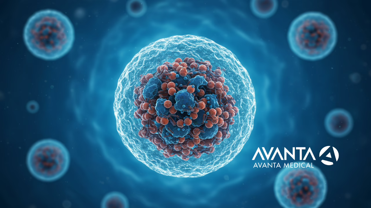 Magnified view of an exosome in blue and red hues, representing cutting-edge regenerative medicine, featuring AVANTA Medical branding