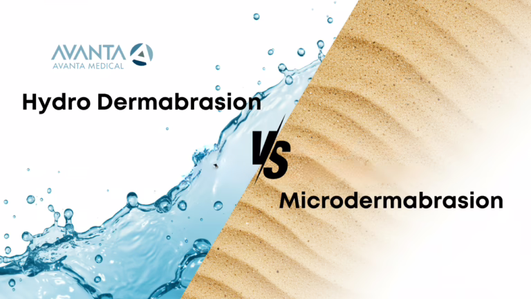 Comparison image of Hydro Dermabrasion with water splash on the left versus Microdermabrasion with sand texture on the right, showcasing their differences